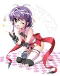  antenna_hair bare_shoulders bow elbow_pads fang fingerless_gloves flipper gloves green_eyes hair_ribbon kneeling leaning_forward lyrical_nanoha mahou_shoujo_lyrical_nanoha_vivid one_eye_closed pelvic_curtain purple_hair ribbon rio_wezley sleeveless smile solo thighhighs wrist_guards 