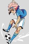  ball clothes_writing dark_skin dark_skinned_male ebira full_body goggles goggles_on_head inazuma_eleven inazuma_eleven_(series) inazuma_japan male_focus pink_hair soccer_ball soccer_uniform solo sportswear telstar tsunami_jousuke 