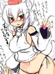  animal_ears bare_shoulders breasts condom covered_nipples detached_sleeves fang hat inubashiri_momiji large_breasts navel no_bra no_pants okiraku_nikku panties partially_translated red_eyes revealing_clothes short_hair side-tie_panties sideboob sketch solo tail tokin_hat touhou translation_request underwear white_hair wolf_ears wolf_tail 