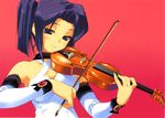  absurdres amazuyu_tatsuki bow_(instrument) detached_sleeves highres instrument original ponytail purple_eyes purple_hair smile solo violin 
