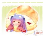  =_= ahoge bad_id bad_pixiv_id chibi closed_eyes cream_puff drooling food hanyuu heart higurashi_no_naku_koro_ni horns in_food long_hair purple_hair rori_(artist) sleeping solo 