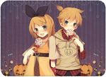  1girl aqua_eyes bad_id bad_pixiv_id blonde_hair blush brother_and_sister candy casual chizu_(fiute) dress fang food hair_ornament hair_ribbon hairclip halloween highres hood hoodie jack-o'-lantern kagamine_len kagamine_rin lollipop ponytail pumpkin ribbon short_hair siblings smile swirl_lollipop twins vocaloid 