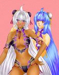  android blue_eyes blue_hair blush bow breasts cat_(artist) cleavage cyborg dark_skin double_bun hand_on_hip kos-mos large_breasts lingerie long_hair multiple_girls navel panties red_eyes side-tie_panties silver_hair smile t-elos underwear very_long_hair xenosaga xenosaga_episode_iii 