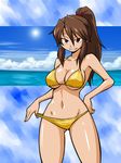  adjusting_clothes adjusting_swimsuit bad_id bad_pixiv_id bikini brown_eyes brown_hair chiki_(chikibw) grin long_hair original ponytail smile solo swimsuit 