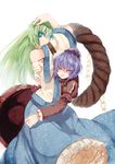  bad_id bad_pixiv_id bare_shoulders blue_eyes detached_sleeves fuurin_(omaemona) green_hair hug jojo_no_kimyou_na_bouken jojo_pose kochiya_sanae multiple_girls parody petticoat pose purple_hair red_eyes rope sarashi shimenawa short_hair simple_background touhou white_background yasaka_kanako 