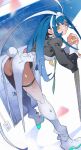  1girl ass bent_over blue_hair breasts character_request closed_mouth copyright_request electrical_outlet fake_tail full_body grey_eyes hairband highres long_hair mechanical_legs pretty-purin720 rabbit_tail solo sword tail weapon white_background white_footwear white_hairband 