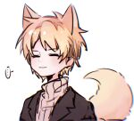  ... 1boy animal_ears atou_haruki black_jacket blonde_hair brown_sweater chinese_commentary chromatic_aberration closed_eyes closed_mouth commentary_request fox_boy fox_ears fox_tail jacket kemonomimi_mode lefityyyy male_focus open_clothes open_jacket ribbed_sweater saibou_shinkyoku short_hair simple_background smile solo spoken_ellipsis sweater tail turtleneck turtleneck_sweater white_background 
