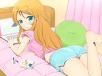  ass bad_feet barefoot bed bottle casual computer green_eyes kousaka_kirino laptop long_hair looking_back lying manga_(object) on_stomach orange_hair ore_no_imouto_ga_konna_ni_kawaii_wake_ga_nai pillow shorts solo yamamoto_tama 