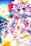  breasts cleavage hair_ribbon hat mariko2009 marker_(medium) open_clothes patchouli_knowledge purple_eyes purple_hair ribbon small_breasts smile solo star touhou traditional_media 