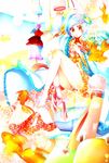  aqua_hair barefoot colorful detached_sleeves fish frog goldfish hair_ornament hanada_hyou japanese_clothes kochiya_sanae long_hair multiple_girls pinwheel purple_hair red_eyes short_hair snake touhou yasaka_kanako 