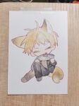  1boy animal animal_ears antenna_hair atou_haruki black_jacket black_pants blonde_hair blood blood_on_face brown_sweater chibi chibi_only chinese_commentary closed_eyes commentary_request eating fish fox_boy fox_ears fox_tail highres holding holding_animal holding_fish jacket kemonomimi_mode long_sleeves male_focus open_clothes open_jacket painting_(medium) pants ribbed_sweater saibou_shinkyoku short_hair simple_background sitting solo sweater tail traditional_media watercolor_(medium) wawu white_background 