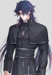  1boy arms_at_sides artist_name black_capelet blade_(honkai:_star_rail) blue_hair button_gap buttons capelet cassock closed_mouth commentary cross cross_necklace curtained_hair dark_blue_hair dated earrings english_commentary gradient_hair grey_background hair_intakes hair_over_one_eye highres honkai:_star_rail honkai_(series) jewelry long_hair long_sleeves looking_at_viewer male_focus multicolored_hair necklace one_eye_covered parted_bangs priest red_eyes red_hair serious shivaille simple_background solo sparkle standing very_long_hair 