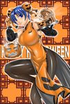  blue_eyes blue_hair china_dress chinese_clothes dress elbow_gloves food_themed_hair_ornament gloves hair_ornament halloween happy_halloween jack-o'-lantern judge_martin orange_background original pantyhose pumpkin pumpkin_hair_ornament shiny shiny_clothes short_hair solo standing standing_on_one_leg 