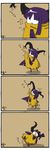  1girl 4koma chibi comic cthulhu_mythos dornach genderswap genderswap_(mtf) hair_over_eyes hastur highres king_in_yellow purple_hair silent_comic tripping yellow_sign 