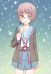  absurdres bookmark brown_eyes cardigan glasses highres kita_high_school_uniform kurarin nagato_yuki purple_hair school_uniform serafuku short_hair solo suzumiya_haruhi_no_shoushitsu suzumiya_haruhi_no_yuuutsu 