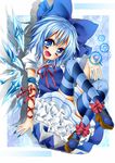  bad_id bad_pixiv_id beni0012 blue_eyes blue_hair bow cirno dress frills hair_bow highres short_hair solo striped striped_legwear thighhighs touhou wings 