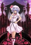  adapted_costume bat bat_wings blue_hair boots hand_on_hip hat highres houtengeki older red_eyes remilia_scarlet short_hair smile solo standing teenage thighs touhou wings 