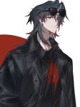  1boy absurdres alternate_costume black_hair black_jacket black_shirt blade_(honkai:_star_rail) closed_mouth curtained_hair ear_piercing earrings eyewear_on_head hair_over_one_eye heart heart_print highres honkai:_star_rail honkai_(series) jacket jewelry logo long_hair looking_at_viewer male_focus multicolored_hair necklace open_clothes open_jacket parted_bangs piercing red_background red_eyes rongyishoushan2 shirt simple_background single_earring solo streaked_hair sunglasses two-tone_background upper_body white_background 