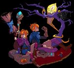  1girl blue_eyes book boots bottle broom bug candle candy candy_cane carpet cauldron cowl dramatica food gloves halloween highres horns mouse orange_hair original pointy_ears potion short_hair silk spider spider_web spirit staff tree 