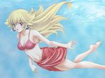  :o barefoot bikini blonde_hair blue_eyes breasts cleavage earrings freediving highres jewelry long_hair mario_(series) medium_breasts navel pink_bikini pink_sarong princess_peach sarong sideboob solo super_mario_bros. swimming swimsuit tamamon underwater 