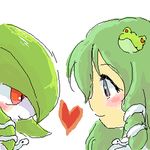  alternate_hairstyle bad_id bad_pixiv_id blush crossover eye_contact face-to-face gardevoir gen_3_pokemon green_hair heart kochiya_sanae looking_at_another lowres multiple_girls oekaki pokemon pokemon_(creature) touhou tourikansuke yuri 