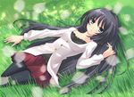  ahoge black_hair black_legwear blue_eyes flyable_heart game_cg grass highres itou_noiji kimi_no_nagori_wa_shizuka_ni_yurete long_hair lying on_back on_ground pantyhose pleated_skirt shirasagi_mayuri skirt solo 