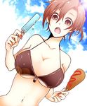  bad_id bad_pixiv_id bikini_top breasts brown_eyes brown_hair cleavage corndog food ketchup large_breasts meiko muro_(ninimohu) navel open_mouth popsicle short_hair solo swimsuit vocaloid 