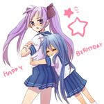  bad_id bad_pixiv_id blue_eyes blue_hair closed_eyes green_eyes happy_birthday hiiragi_kagami hug izumi_konata kuropantsu long_hair looking_back lowres lucky_star mole mole_under_eye multiple_girls pink_neckwear purple_hair ryouou_school_uniform school_uniform serafuku twintails yuri 