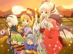  6+girls alice_margatroid animal_ears blonde_hair blue_eyes blue_hair bow bucket cirno doll eijima_moko field fire fujiwara_no_mokou ghost green_hair hair_bow hair_ornament hairband hat in_bucket in_container japanese_clothes katana kimono kisume konpaku_youmu konpaku_youmu_(ghost) long_hair matching_shanghai mountain multiple_girls mystia_lorelei obi pink_hair red_eyes sash shanghai_doll short_hair silver_hair sword touhou twintails weapon wings yukata 