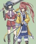  animal_ears bad_id bad_pixiv_id black_eyes blue_hair brown_eyes brown_hair cat_ears collar dog_ears head_wings japanese_clothes karura_(utawareru_mono) kuraito long_hair metal_collar multiple_girls ponytail sword touka_(utawareru_mono) utawareru_mono weapon 