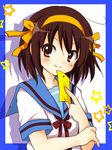  brown_eyes brown_hair hair_ribbon hairband kita_high_school_uniform mochizuki_yomogi orange_hairband ribbon school_uniform serafuku short_hair solo suzumiya_haruhi suzumiya_haruhi_no_yuuutsu tanabata tanzaku 