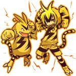  blonde_hair electabuzz electricity gen_1_pokemon hitec hood hoodie male_focus moemon personification pokemon pokemon_(creature) simple_background striped tail white_background 