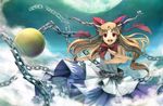  bow brown_hair chain cloud hair_bow hair_ribbon horns ibuki_suika long_hair moon red_eyes ribbon solo touhou yoshino_ryou 