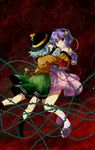  asyura7 blood boots bow clenched_teeth empty_eyes eyes flower frills green_eyes hairband hat heart highres holding_hands komeiji_koishi komeiji_satori multiple_girls open_mouth plant purple_hair red_eyes short_hair siblings silver_hair sisters skirt smile stitches tears teeth thorns touhou vines yandere 