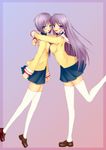  blue_eyes clannad fujibayashi_kyou fujibayashi_ryou hikarizaka_private_high_school_uniform hug long_hair multiple_girls musan_shiman purple_eyes purple_hair school_uniform short_hair siblings sisters thighhighs twins 