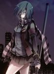  black_hair blue_eyes city colorized nicole_pmonachi original scarf short_hair skirt solo striped striped_scarf uniform 