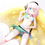  bad_id bad_pixiv_id bikini black_hairband blue_eyes breasts distortion food from_above hairband konpaku_youmu konpaku_youmu_(ghost) looking_at_viewer lying medium_breasts on_back one_eye_closed oyaji-sou pink_hair pool popsicle short_hair silver_hair solo swimsuit touhou underboob untied water wince 