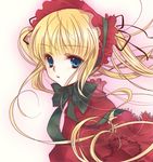  blonde_hair blue_eyes bonnet bow dress face frills hairband long_hair rozen_maiden shinku simple_background solo twintails yuh 