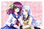  angel_beats! arm_hug bad_id bad_pixiv_id blue_hair green_eyes hairband long_hair multiple_girls purple_hair saya_(chocolate_capsule) school_uniform serafuku tenshi_(angel_beats!) yellow_eyes yuri_(angel_beats!) 