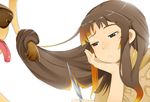  arm_support bad_id bad_pixiv_id brown_eyes brown_hair chin_rest copyright_request cutting_hair highres kosame_daizu lion long_hair scissors solo tail tongue 