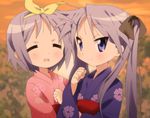  blue_eyes closed_eyes floral_print hiiragi_kagami hiiragi_tsukasa japanese_clothes kimono long_hair lucky_star multiple_girls pink_kimono print_kimono purple_hair purple_kimono short_hair siblings sisters twins twintails yamasaki_wataru yukata 