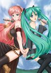  back-to-back bad_id bad_pixiv_id bare_shoulders black_legwear blue_eyes breasts c.z. detached_sleeves dress green_hair hairband hatsune_miku highres holding_hands large_breasts long_hair megurine_luka microphone multiple_girls pink_hair thighhighs twintails very_long_hair vocaloid zettai_ryouiki 
