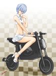  ann_yosh ayanami_rei bicycle blue_hair checkered checkered_background ground_vehicle high_heels highres legs midriff navel neon_genesis_evangelion nerv platform_footwear red_eyes sandals shoes short_hair sitting skirt solo 