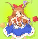  alcohol asahina_mikuru bow brown_eyes brown_hair chain cosplay gourd hair_bow horns ibuki_suika ibuki_suika_(cosplay) long_hair mikuru_beam one_eye_closed rokujou_jun sake solo suzumiya_haruhi_no_yuuutsu touhou 