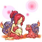  blush_stickers closed_eyes egg fire gameplay_mechanics gen_2_pokemon hair_ribbon hitec magcargo moemon open_mouth personification pokemon pokemon_(creature) red_hair ribbon shell sitting smile wariza yellow_eyes 