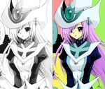  blush bodysuit breasts brooch cesar colorized doujinshi hat jewelry large_breasts long_hair monochrome open_mouth pale_skin purple_eyes purple_hair silent_magician turtleneck very_long_hair witch_hat yuu-gi-ou yuu-gi-ou_duel_monsters 
