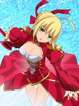  ahoge blonde_hair breasts cleavage epaulettes fate/extra fate_(series) green_eyes hair_ribbon medium_breasts nero_claudius_(fate) nero_claudius_(fate)_(all) panties ribbon robina see-through solo underwear 