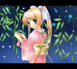  :d air bamboo blonde_hair blue_eyes blurry blush depth_of_field haruno_(macoro) highres japanese_clothes kamio_misuzu kimono leaf letterboxed long_hair looking_back open_mouth pink_kimono ponytail smile solo tanabata tanzaku very_long_hair yukata 