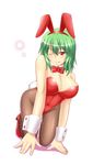  all_fours animal_ears breasts bunny_ears bunny_girl bunny_tail bunnysuit cleavage colored_eyelashes fake_animal_ears full_body green_hair high_heels highres kazami_yuuka large_breasts one_eye_closed pantyhose red_eyes seductive_smile sheer_legwear shoes short_hair simple_background smile solo surume_(clavis) tail touhou white_background wrist_cuffs 