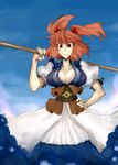  breasts cleavage hair_bobbles hair_ornament large_breasts md5_mismatch nagihito onozuka_komachi red_eyes red_hair short_hair solo touhou two_side_up 